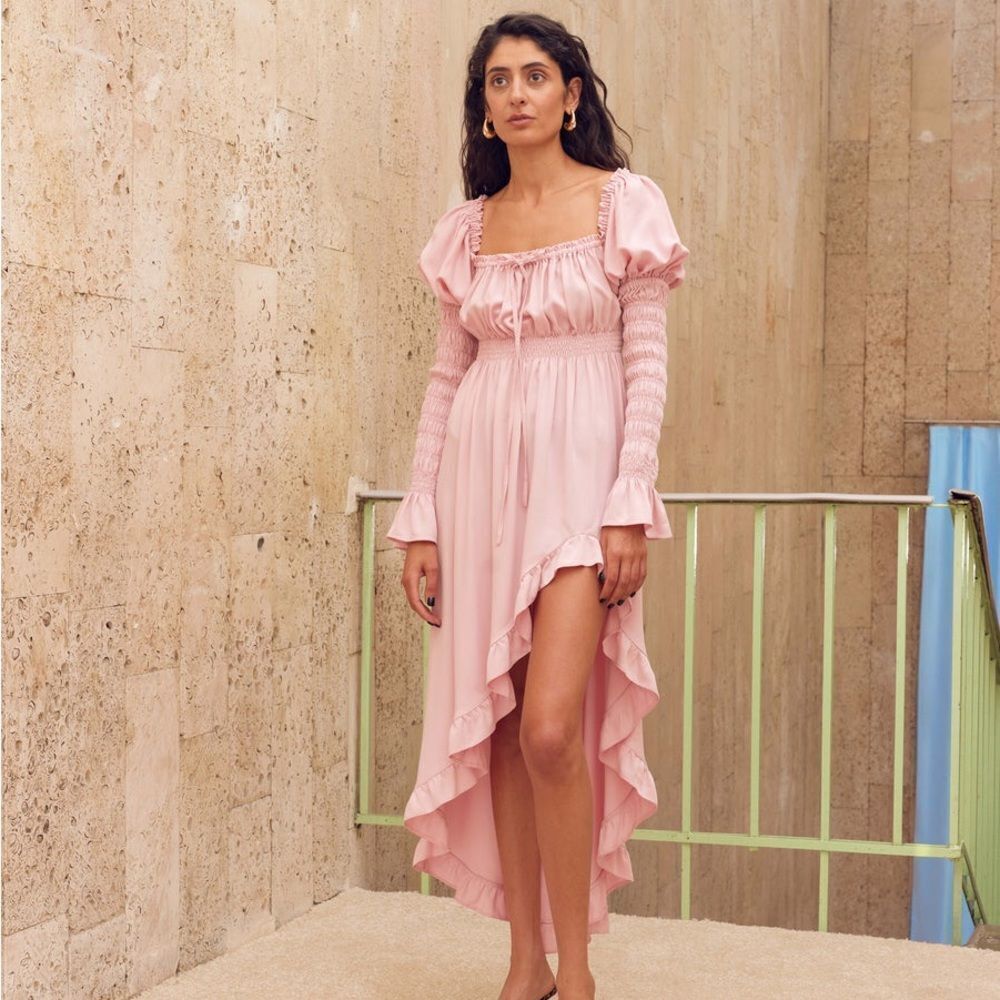 Nwt Sleeper Juliette Shirred Asymmetric Dress In Pink